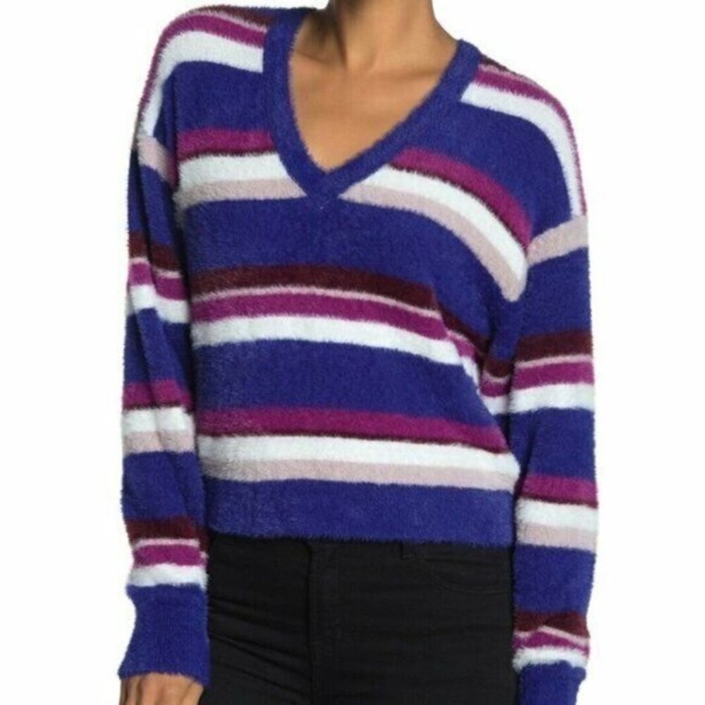Splendid Striped Fuzzy Dolman Sleeve Eyelash Sweater Purple Pink White SZ L NWT